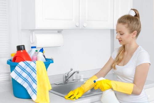Domestic cleaner tidying a Wimbledon kitchen